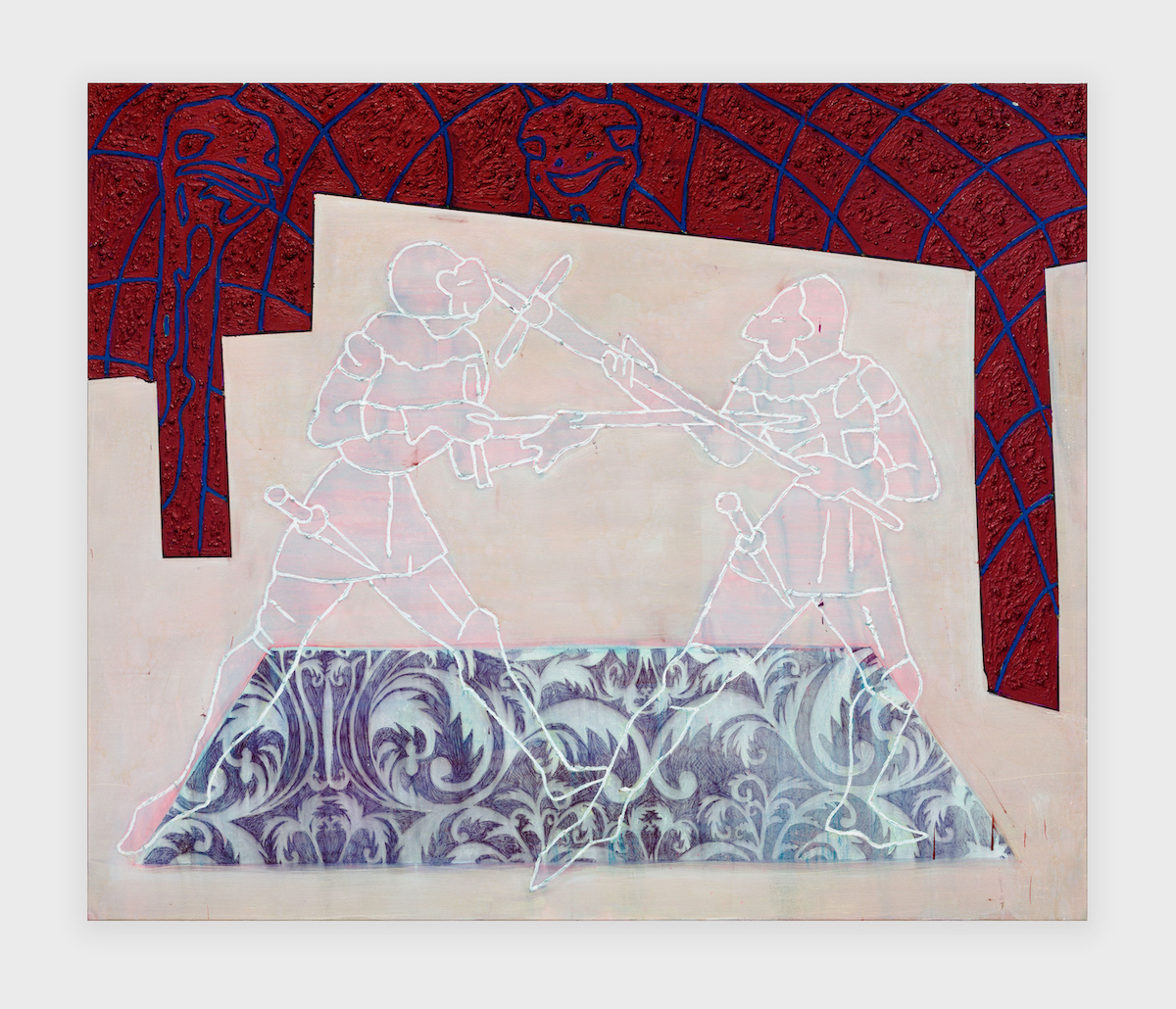 <i>Nicht dabei sein ist alles</i>, 2024. Ballpen, rabbitskinglue, pigments, acrylic and oil on canvas, 74 3/4 x 63 in (190 x 160 cm).